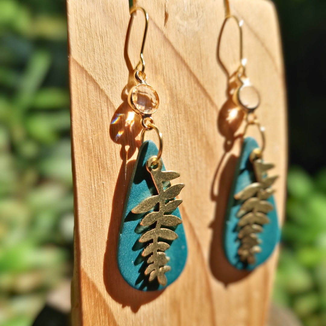 Polymer Clay Long Tear with Brass Fern Hook Earrings