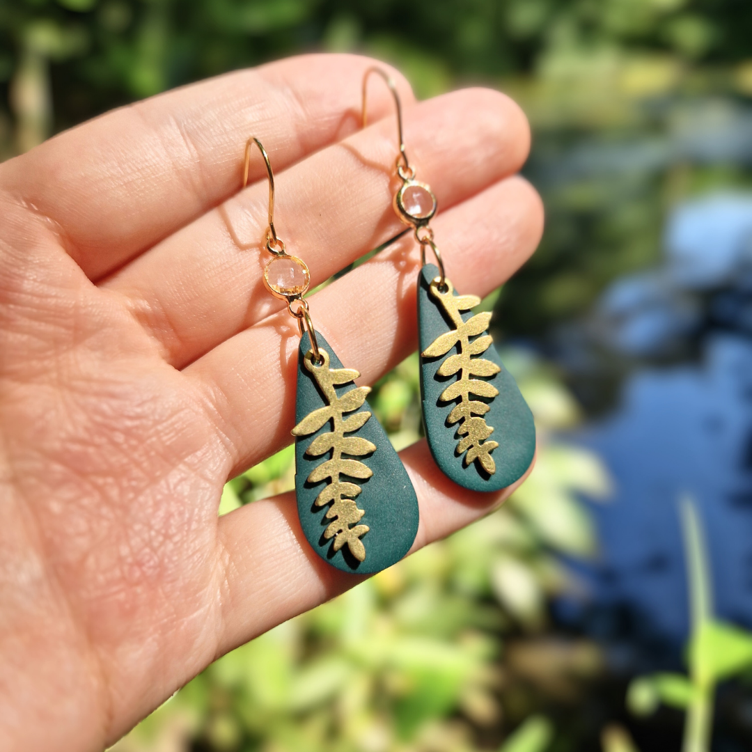 Polymer Clay Long Tear with Brass Fern Hook Earrings