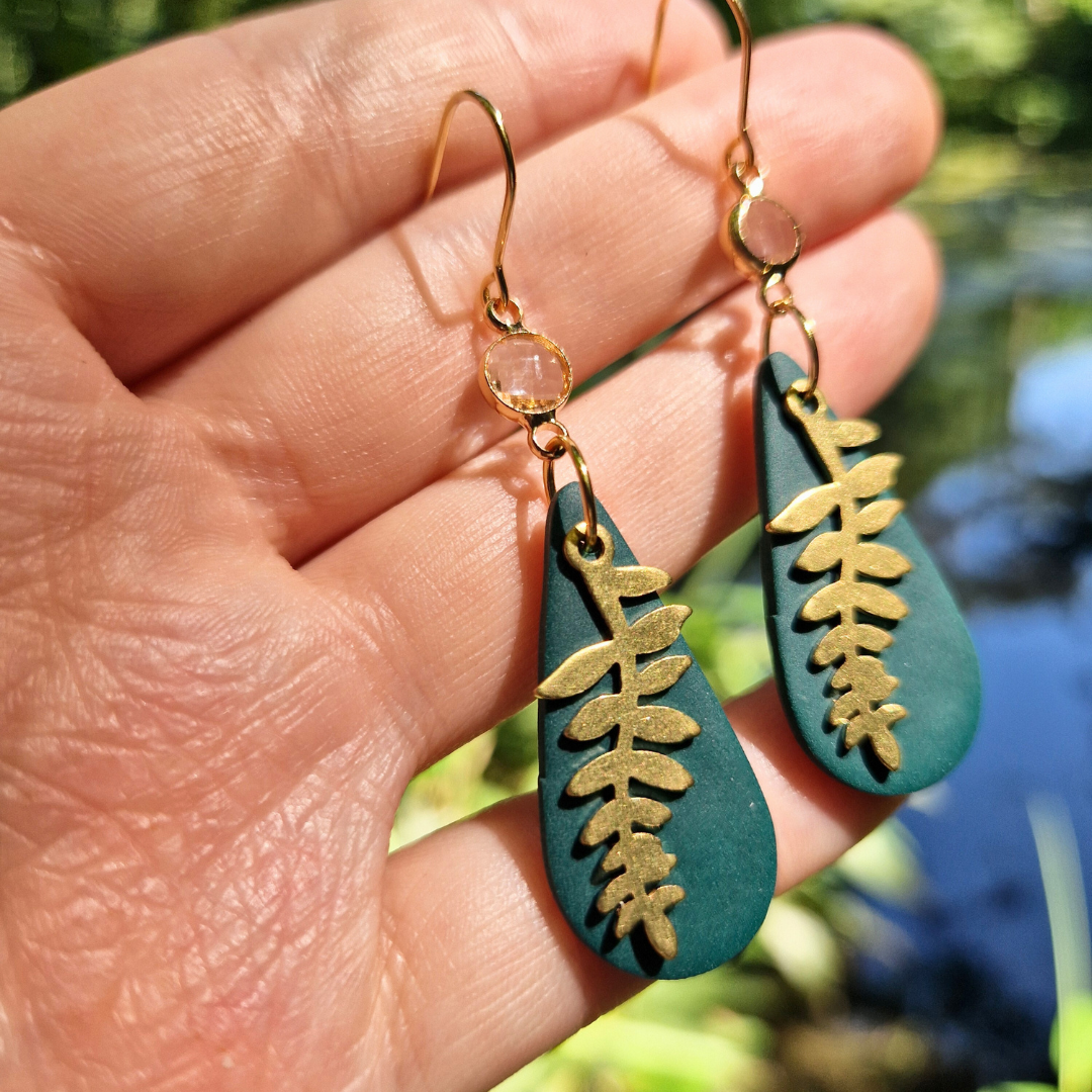 Polymer Clay Long Tear with Brass Fern Hook Earrings
