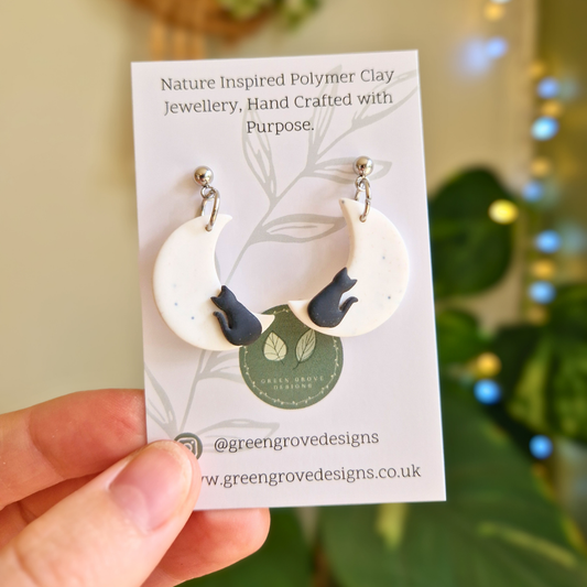 Crescent Moon and Black Cat Drop Stud Earrings