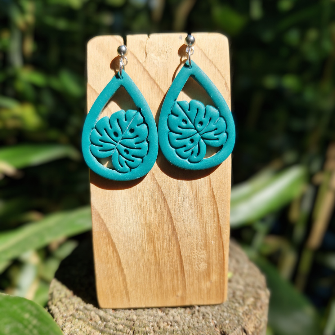 Statement Polymer Clay Tear Framed Monstera Drop Studs