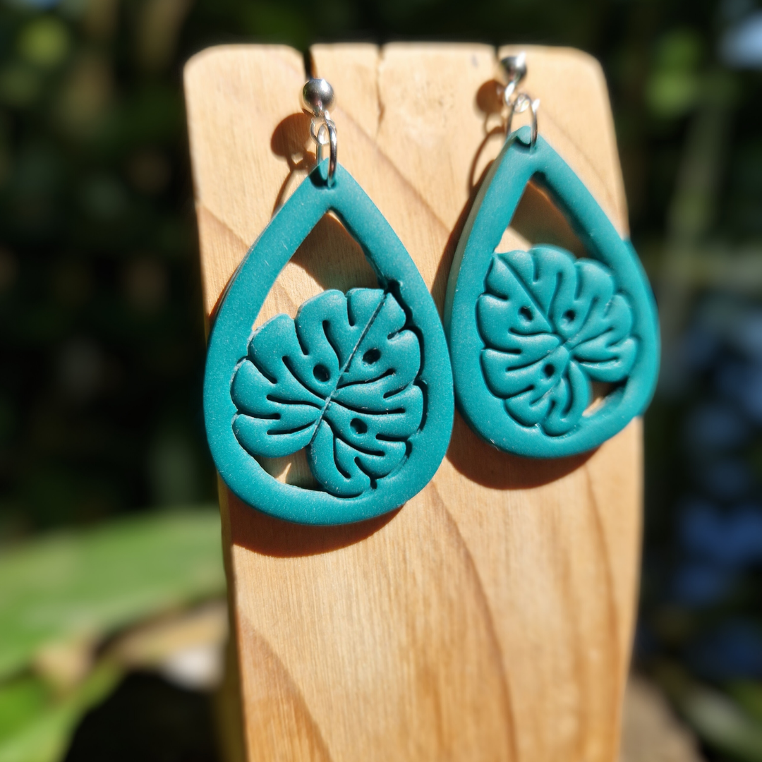 Statement Polymer Clay Tear Framed Monstera Drop Studs