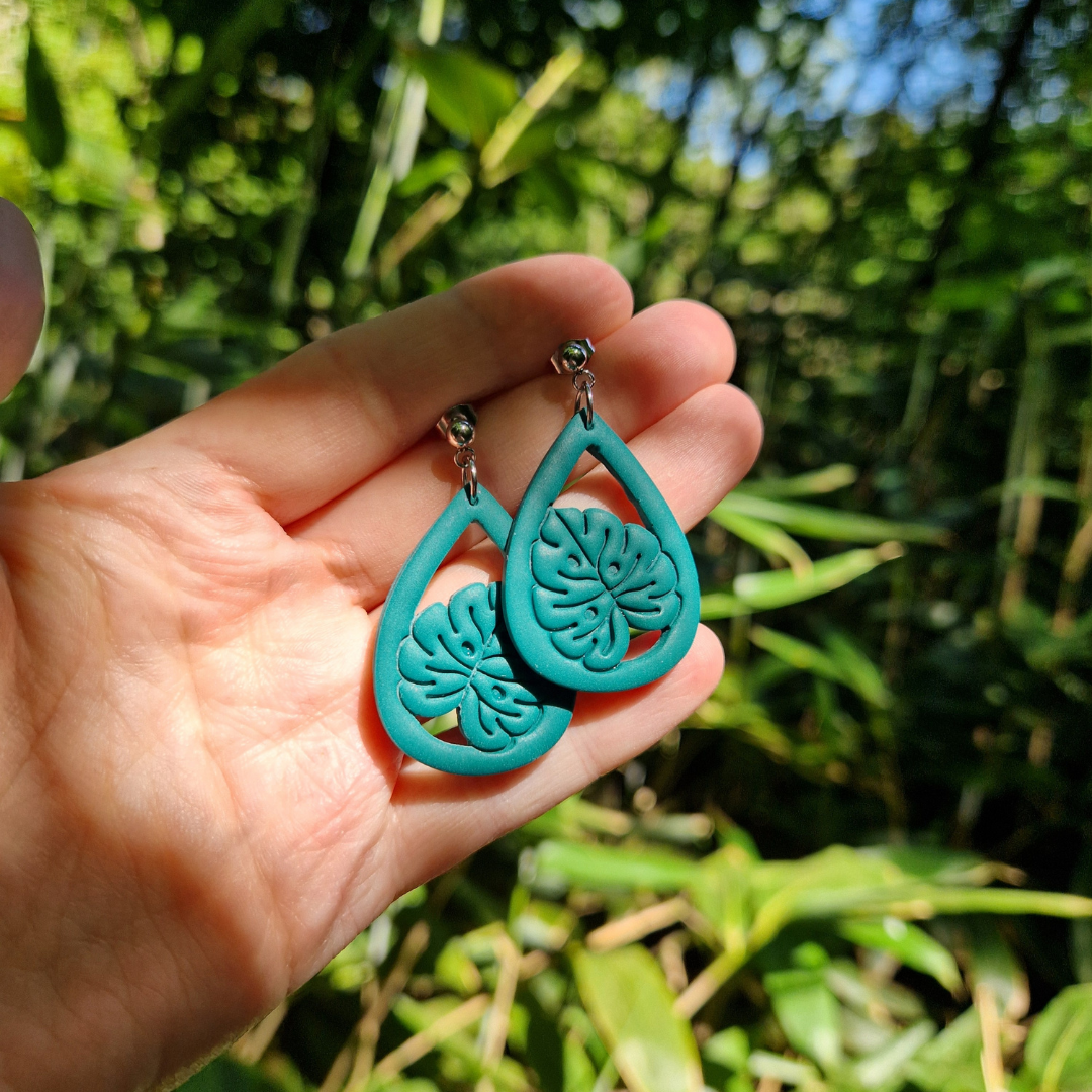 Statement Polymer Clay Tear Framed Monstera Drop Studs