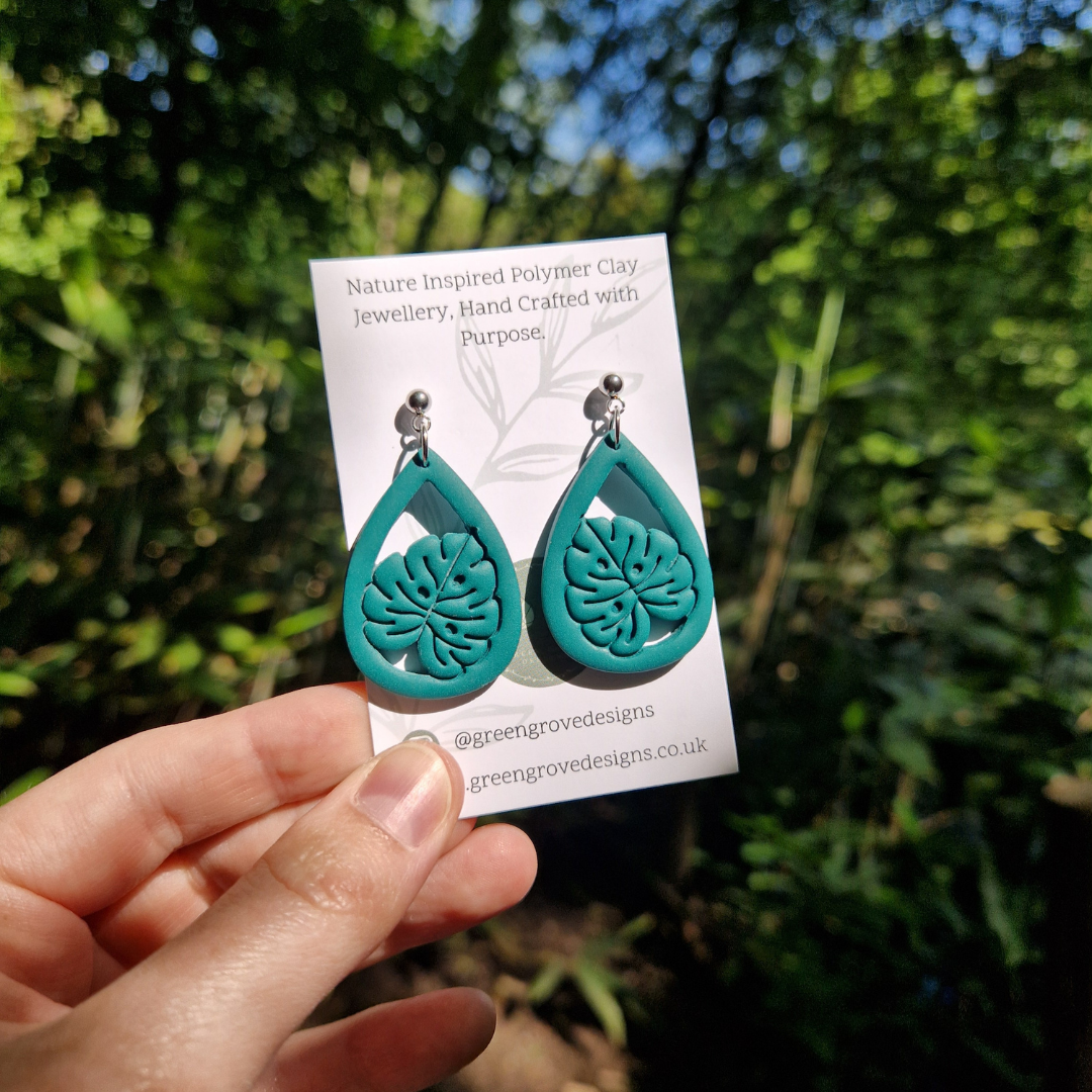 Statement Polymer Clay Tear Framed Monstera Drop Studs