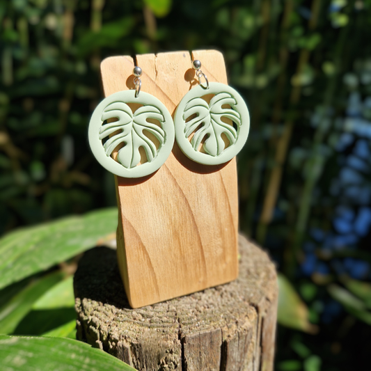 Statement Polymer Clay Circle Framed Monstera Drop Studs