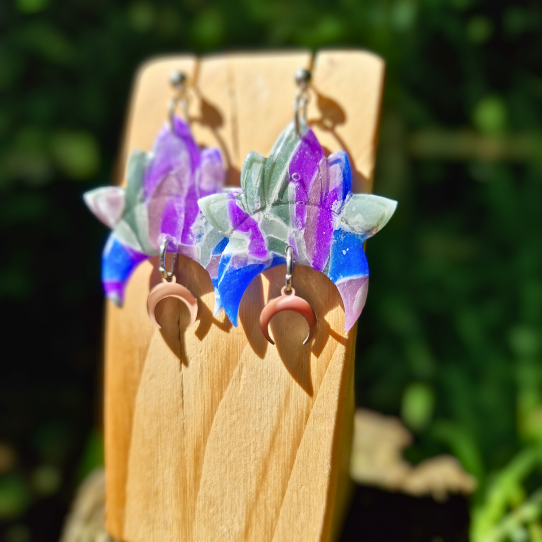 Detail Image of the Translucent Celestial Drop Studs with Moon Charm Finished with Resin