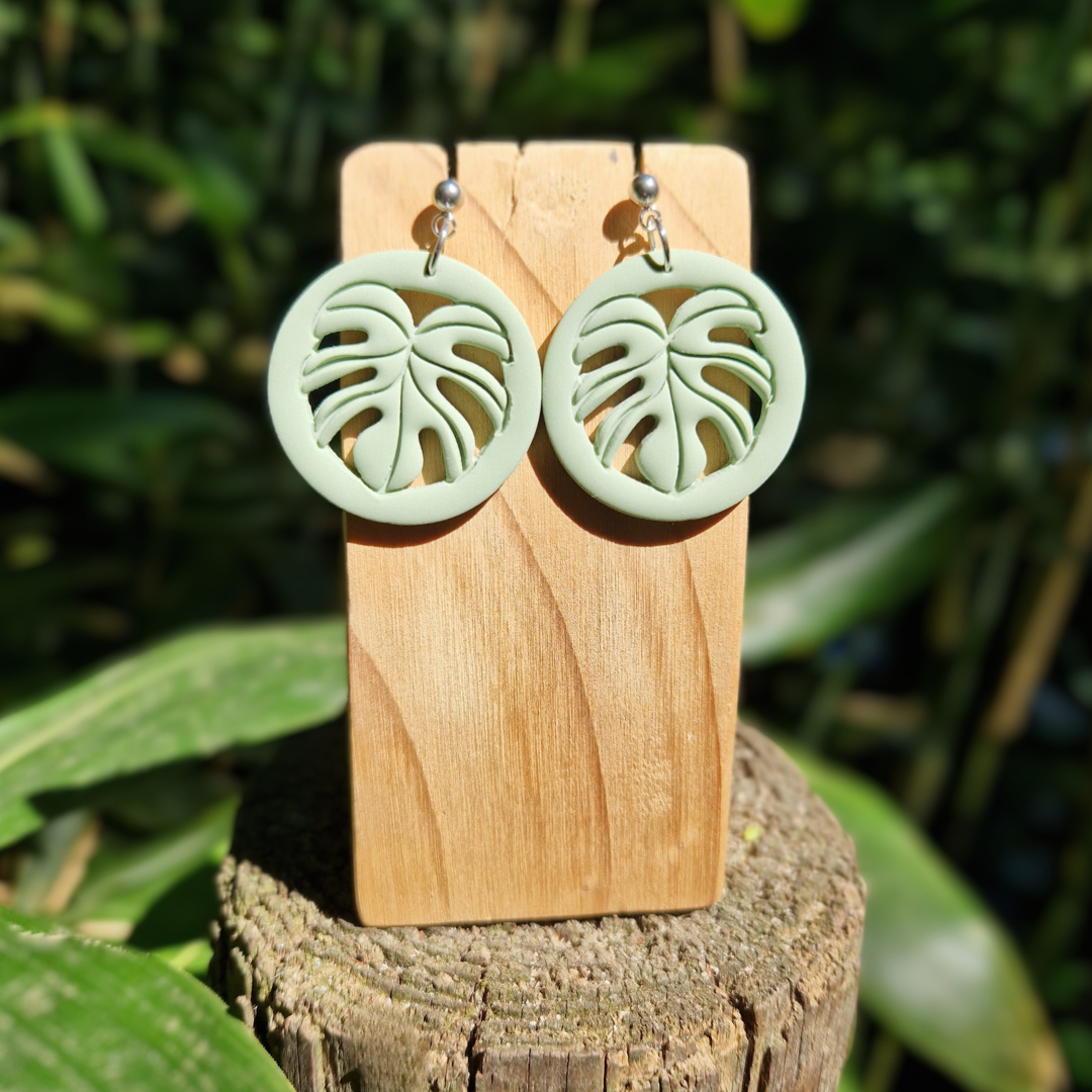 Statement Polymer Clay Circle Framed Monstera Drop Studs