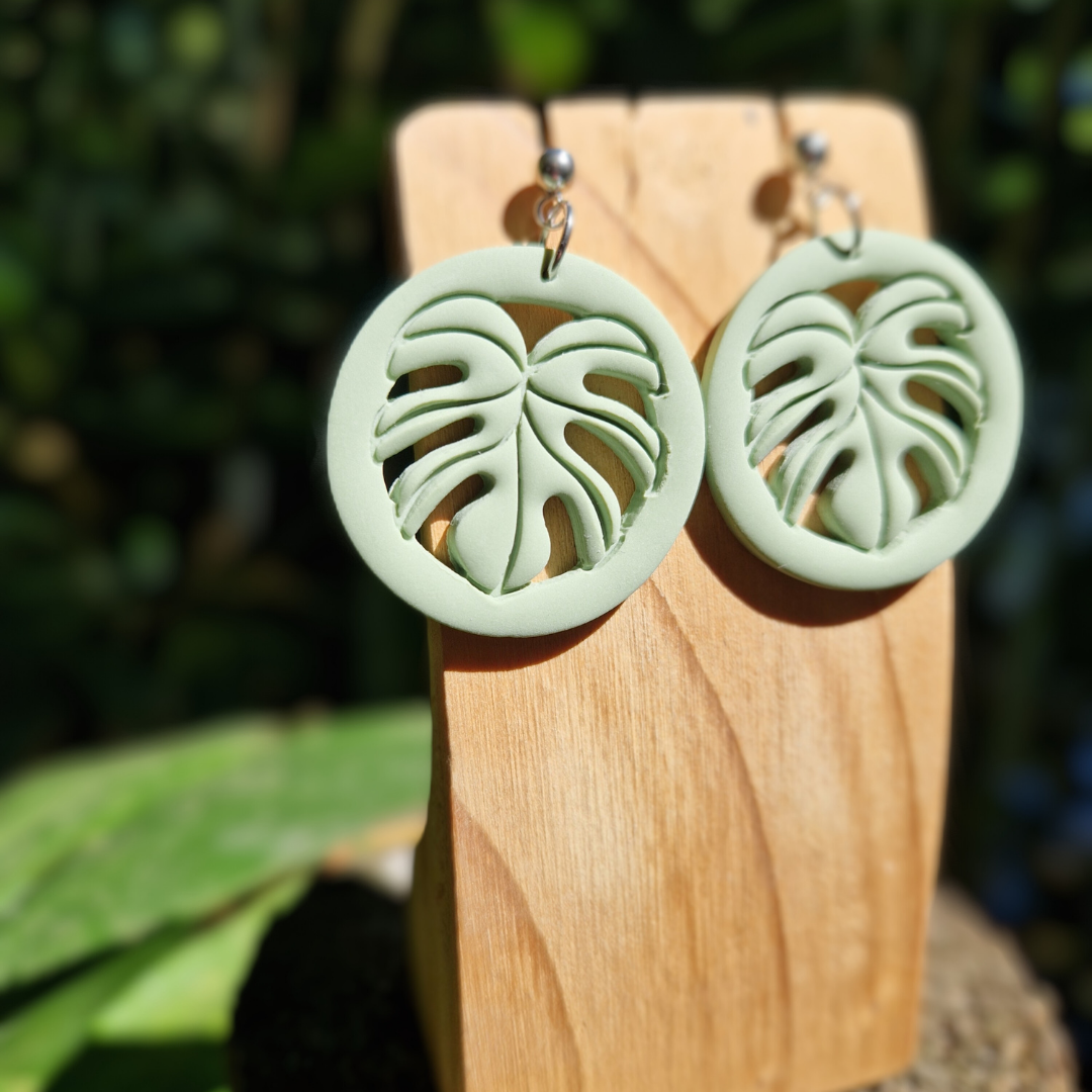 Statement Polymer Clay Circle Framed Monstera Drop Studs