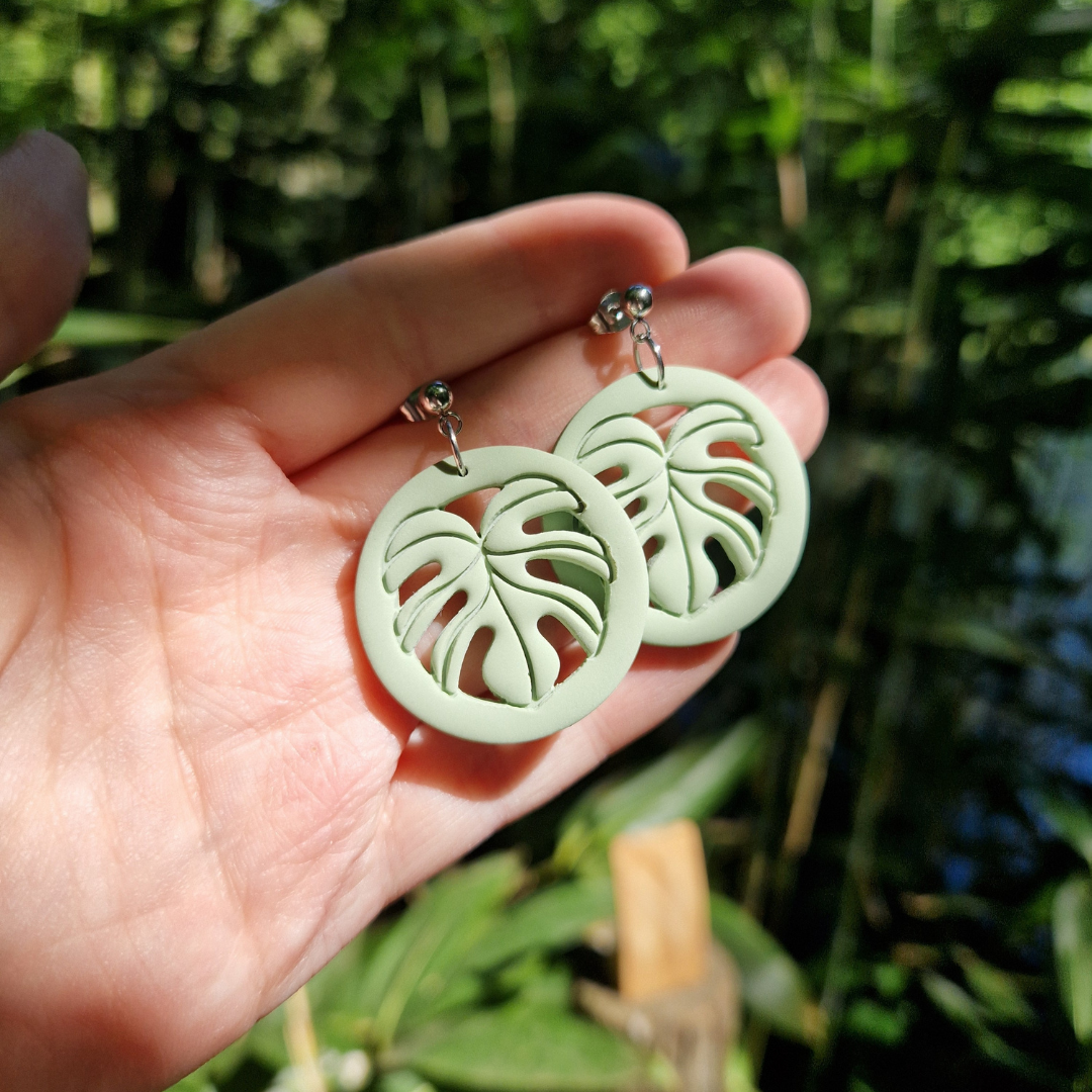 Statement Polymer Clay Circle Framed Monstera Drop Studs