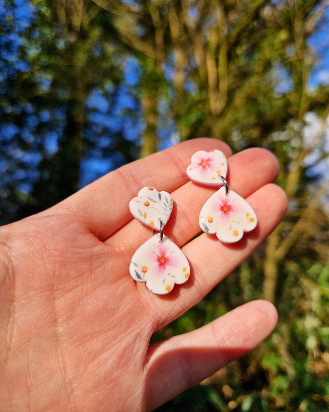Cherry Blossom Scalloped Polymer Clay Drop Studs