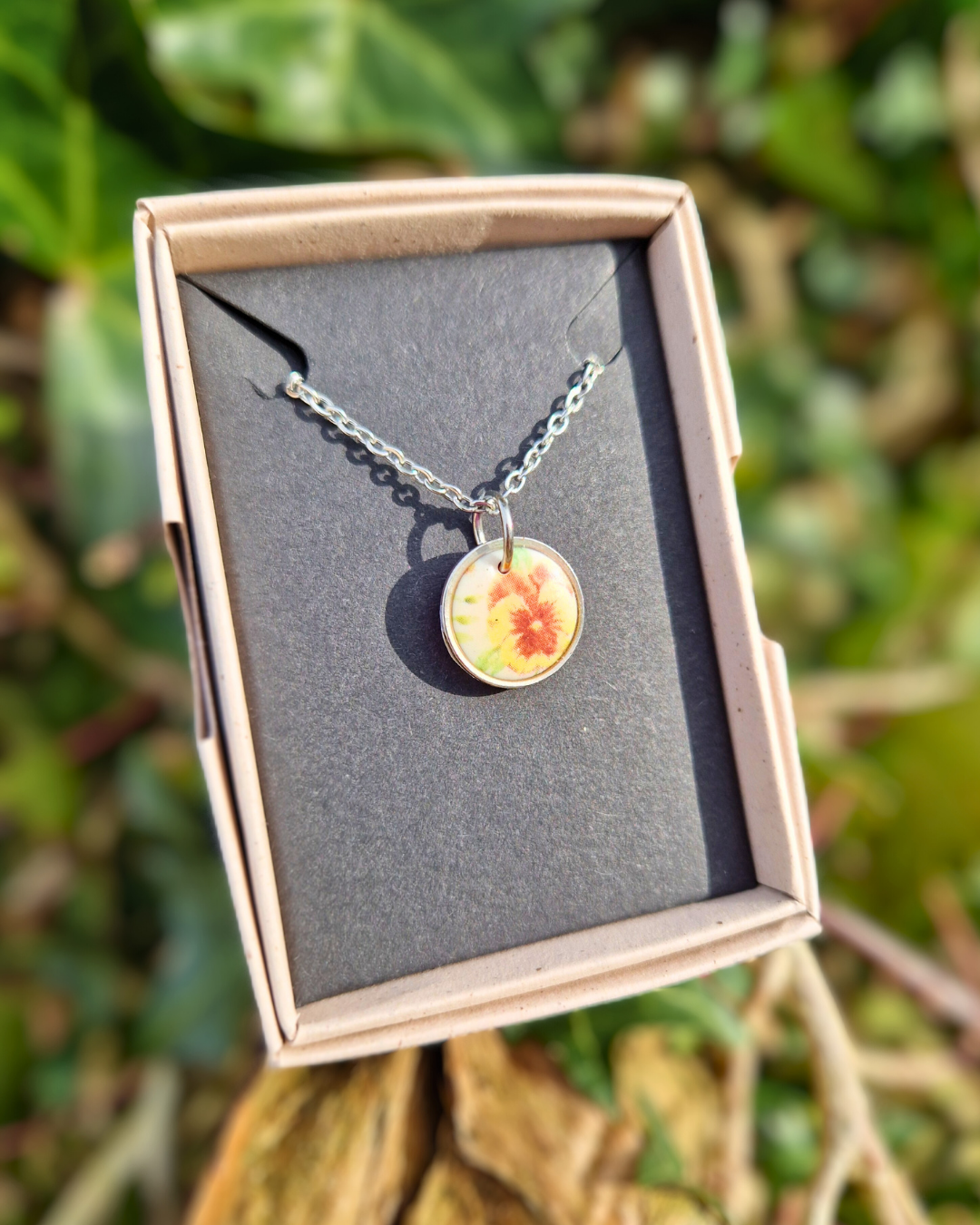 Framed Spring Pansy Polymer Clay 20" Necklace