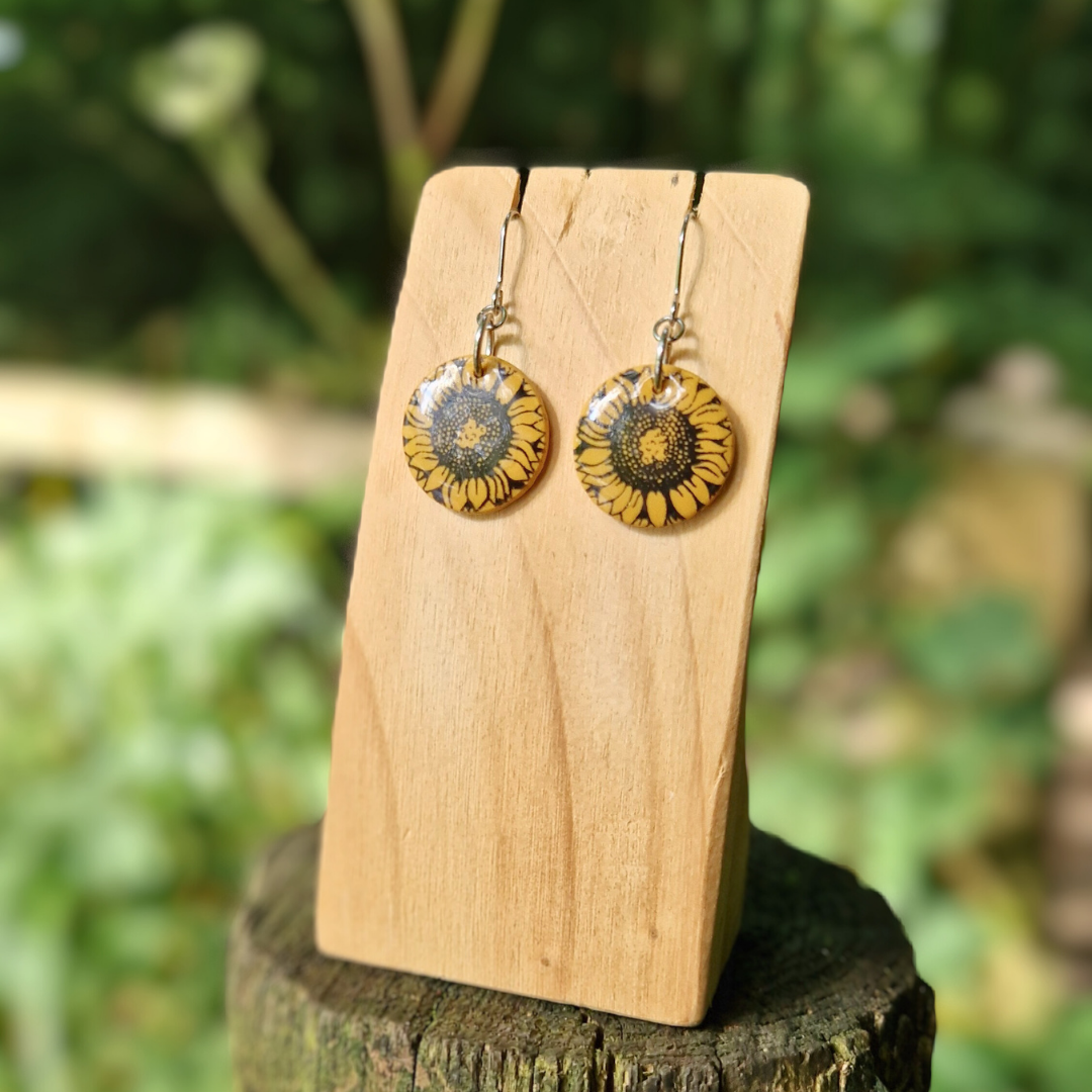 Circle Sunflower Print Hook Earrings