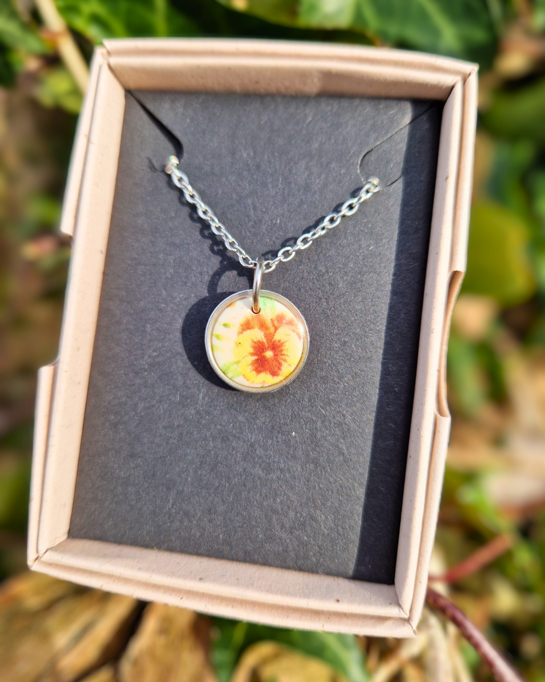 Framed Spring Pansy Polymer Clay 20" Necklace