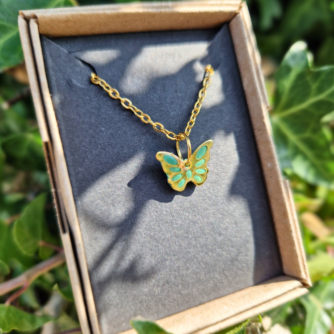 Polymer Clay and Resin Butterfly charm 20" Necklace | Turquoise