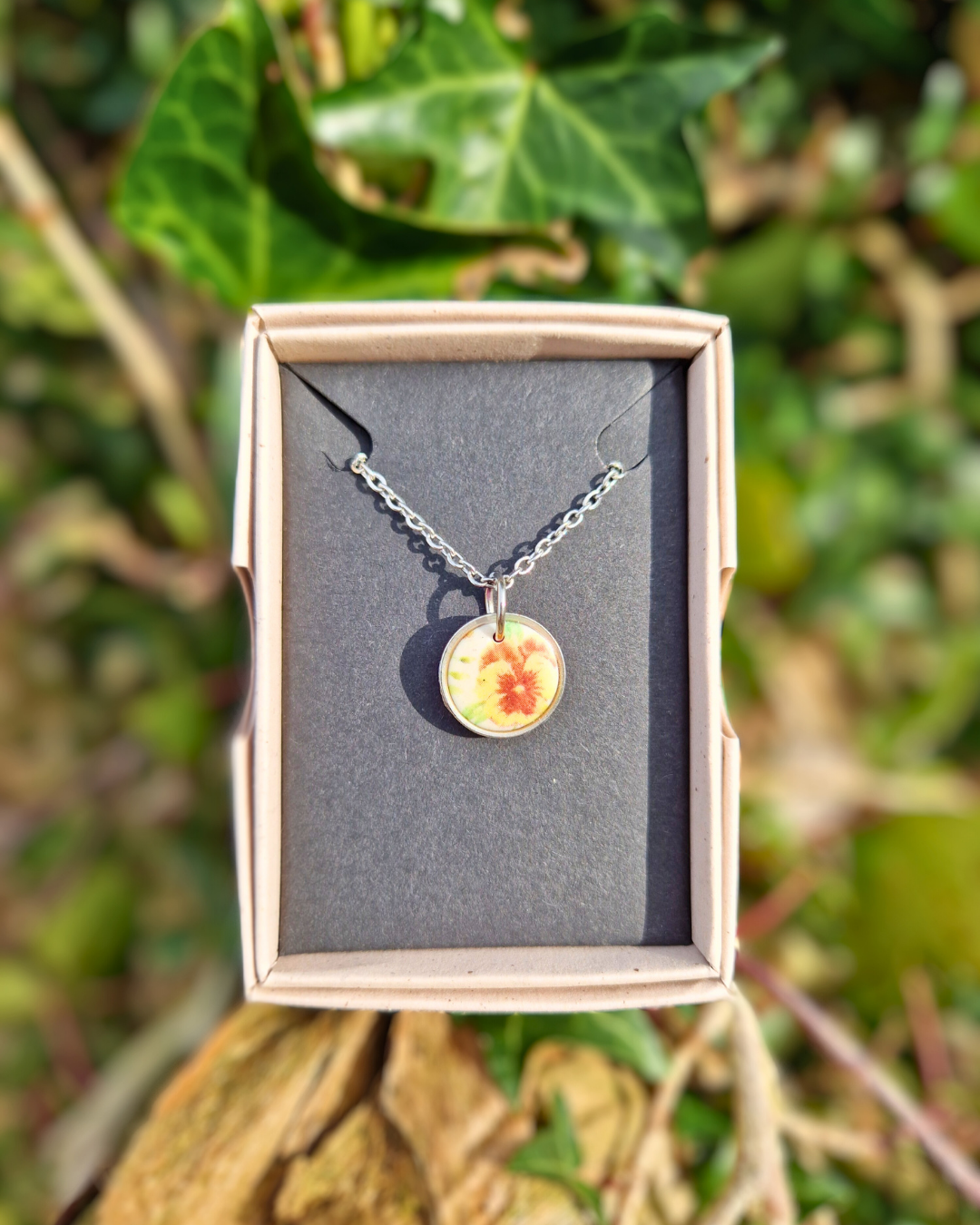 Framed Spring Pansy Polymer Clay 20" Necklace