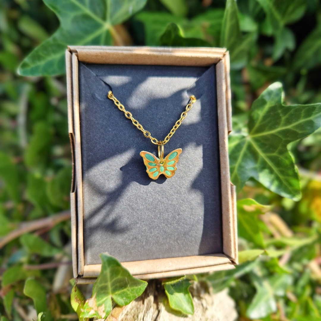 Polymer Clay and Resin Butterfly charm 20" Necklace | Turquoise