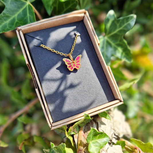 Polymer Clay and Resin Butterfly charm 20" Necklace | Pink