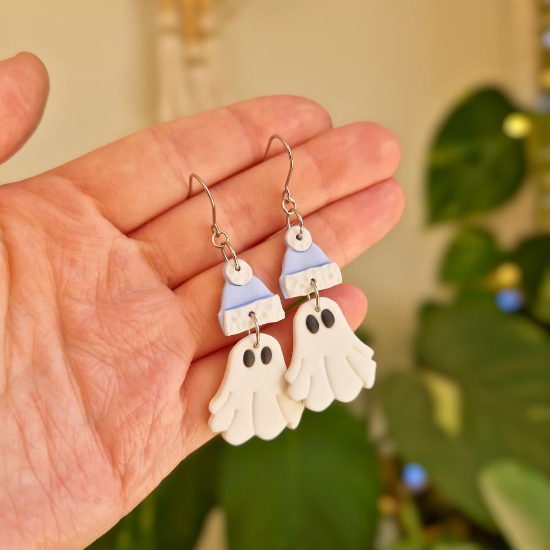 Bobble Hat Winter Ghost Drop Earrings