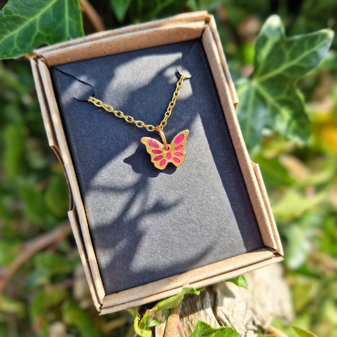 Polymer Clay and Resin Butterfly charm 20" Necklace | Pink