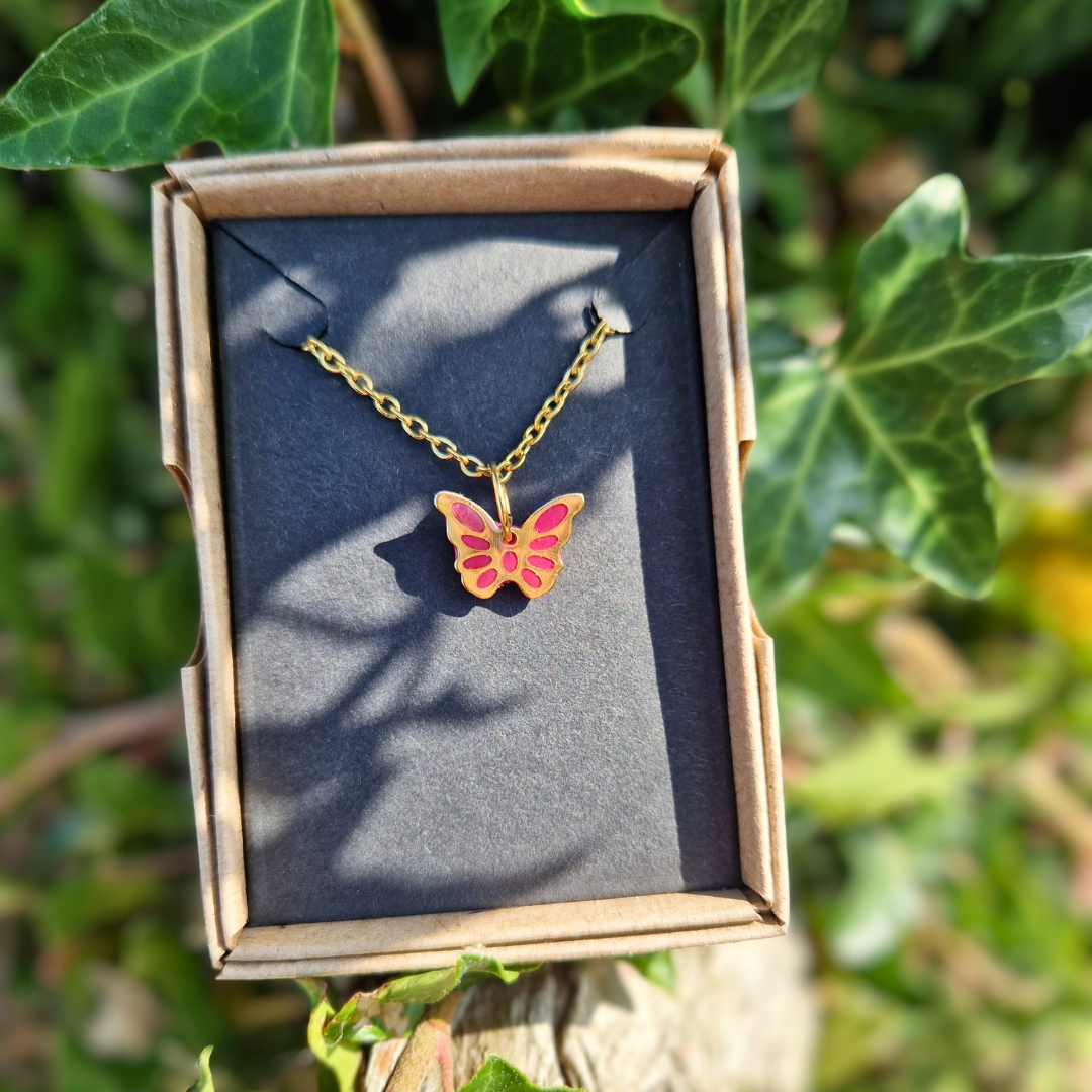 Polymer Clay and Resin Butterfly charm 20" Necklace | Pink