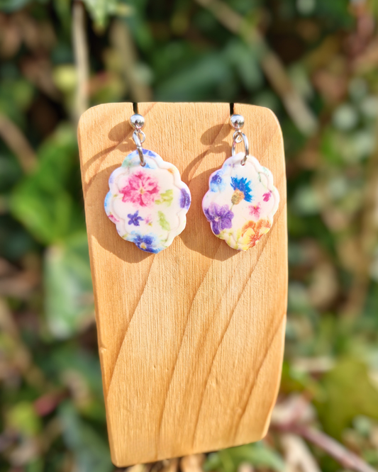 Springtime Floral Print Polymer Clay Drop Studs
