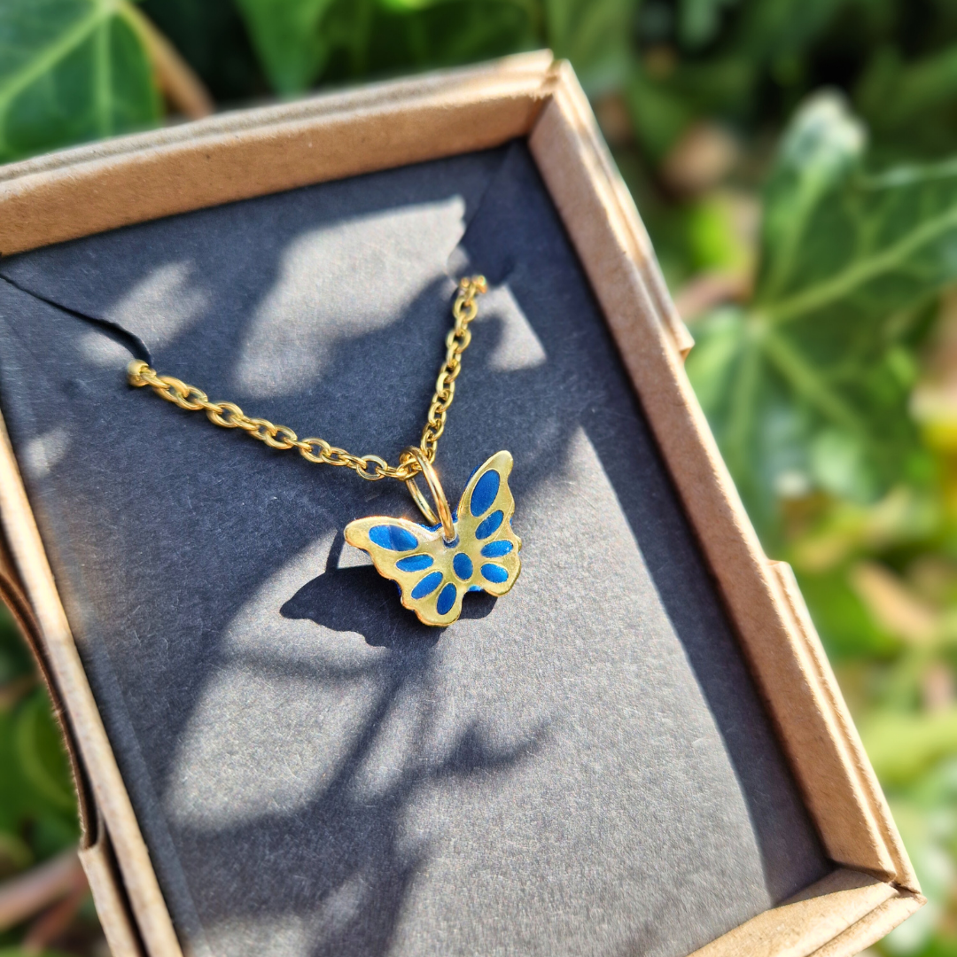 Polymer Clay and Resin Butterfly charm 20" Necklace | Blue