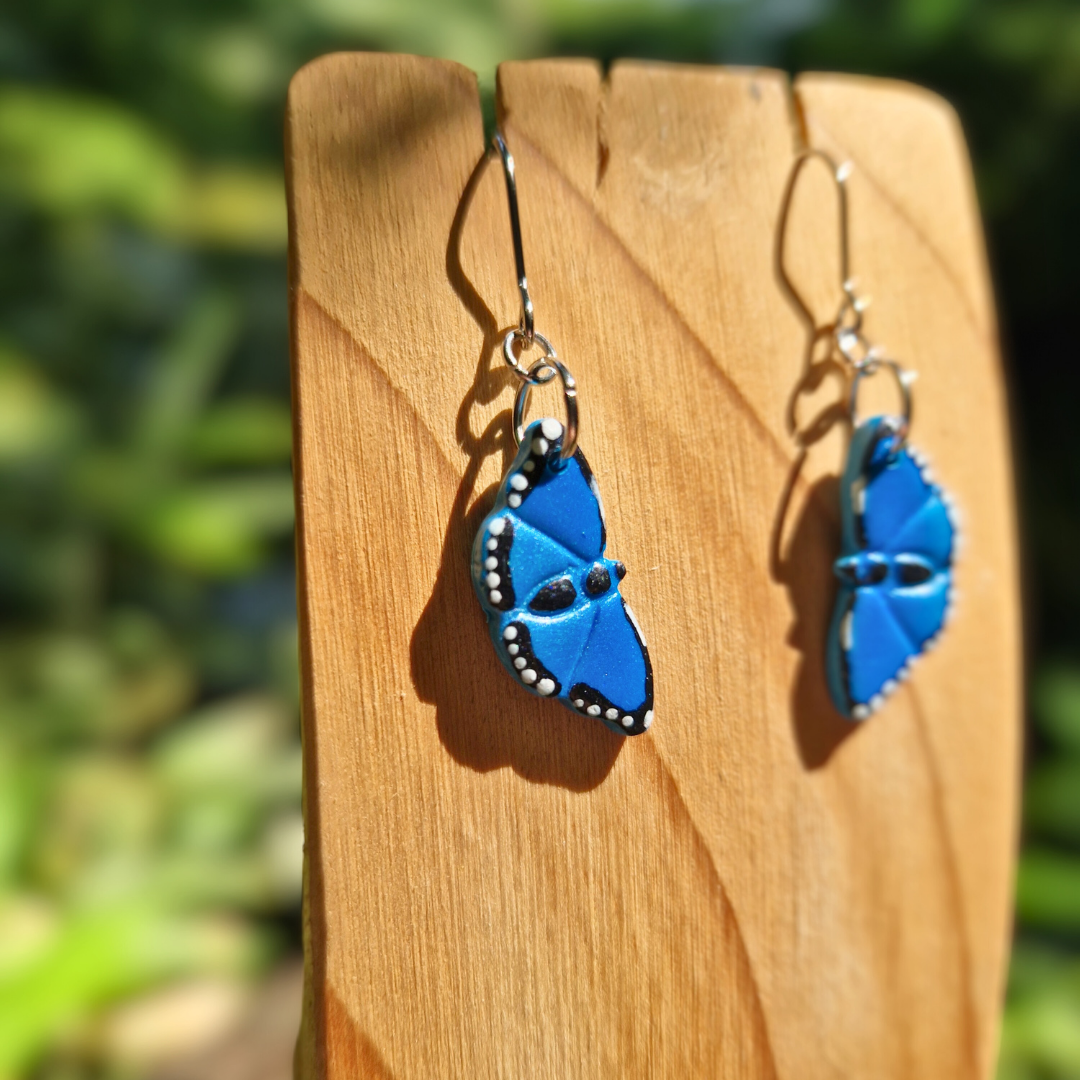 Hand Painted Blue Morpho Butterfly Hook Earrings