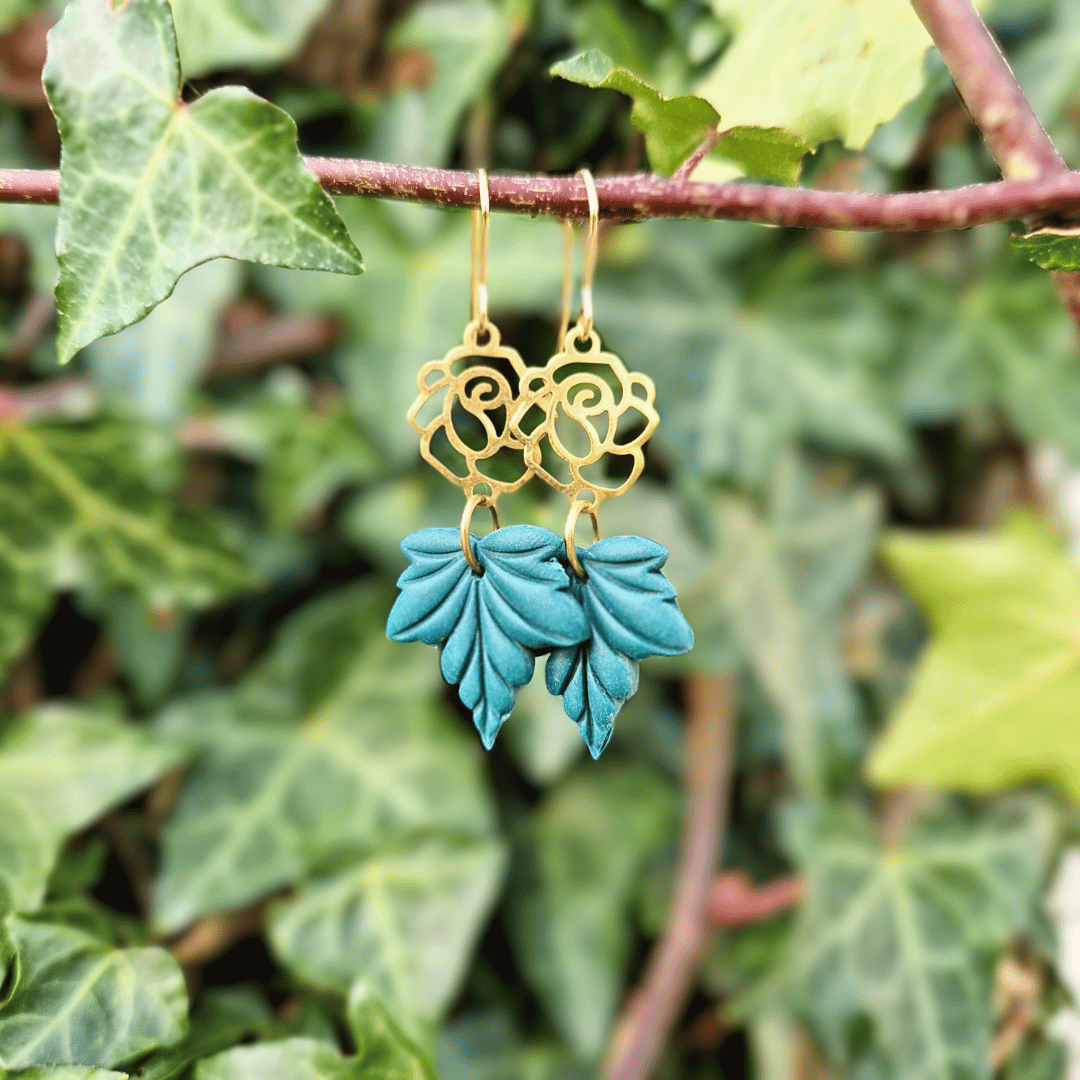 Classic Rose Leaf Polymer Clay Hook Earrings