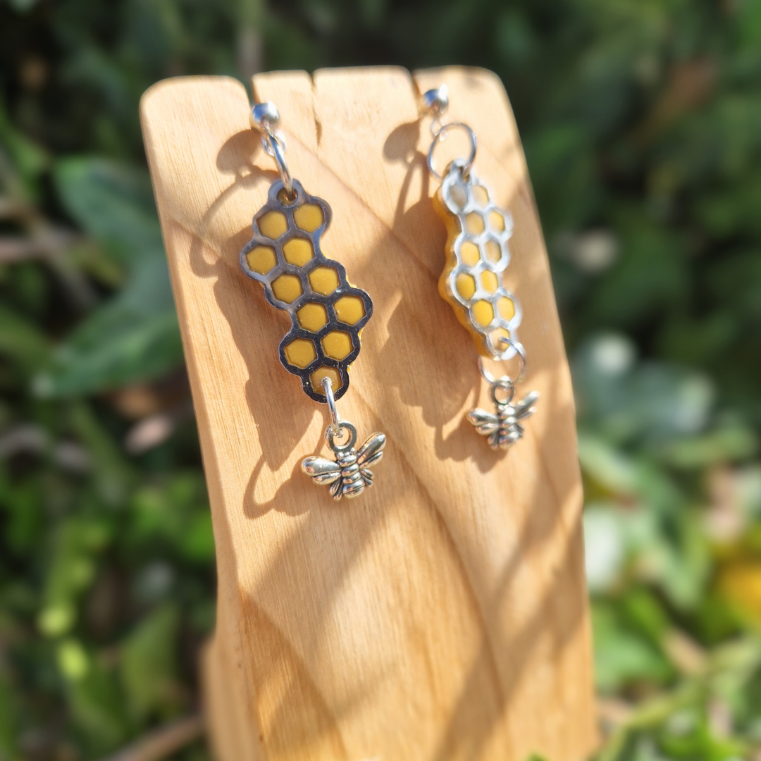 Polymer Clay and Resin Bee and Honeycomb Drop Stud Earrings