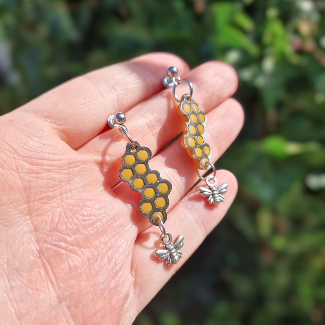Polymer Clay and Resin Bee and Honeycomb Drop Stud Earrings