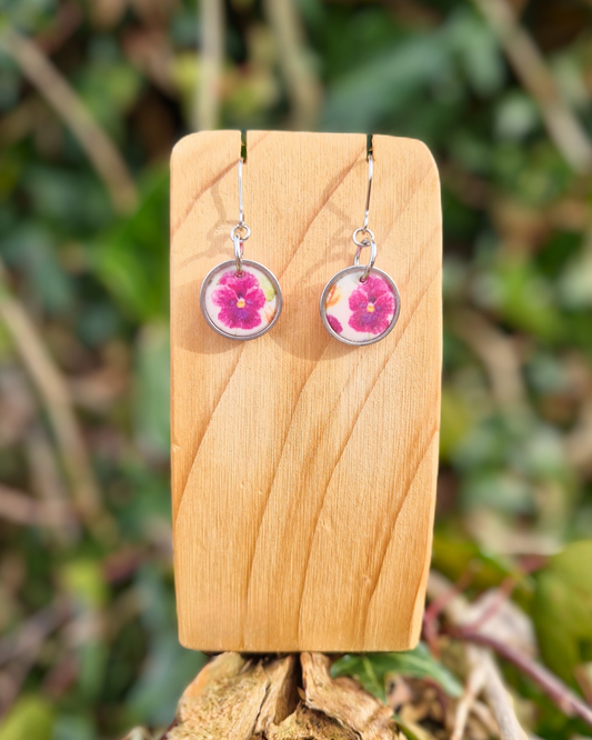 Framed Pink Spring Pansy Polymer Clay Hook Earrings