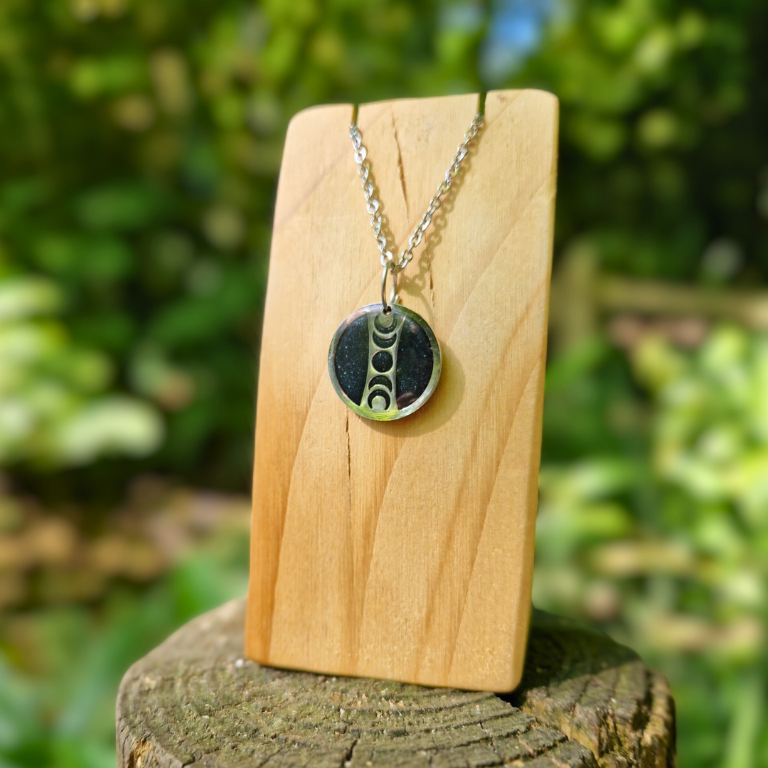 Galaxy Blue and Silver Circle Moon Phase 20" Necklace