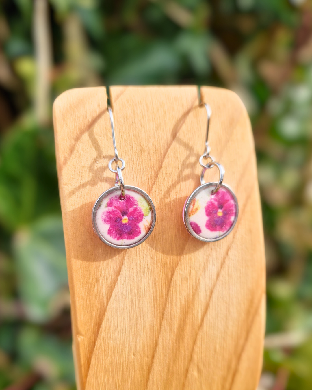 Framed Pink Spring Pansy Polymer Clay Hook Earrings