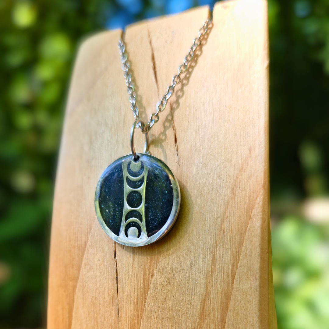 Galaxy Blue and Silver Circle Moon Phase 20" Necklace