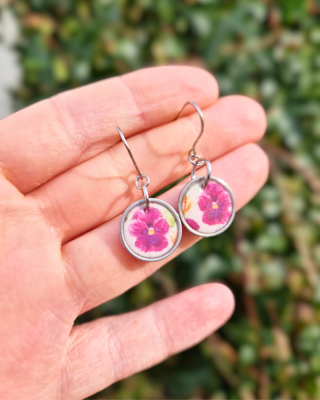 Framed Pink Spring Pansy Polymer Clay Hook Earrings