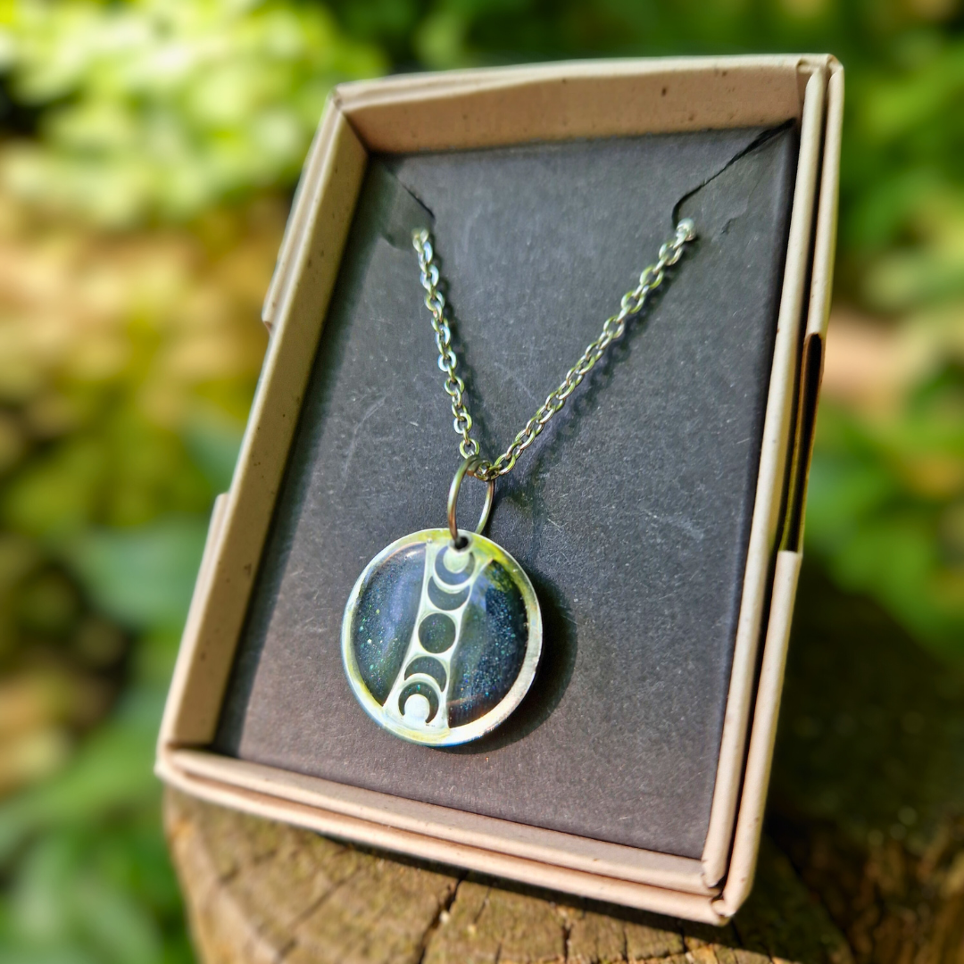 Galaxy Blue and Silver Circle Moon Phase 20" Necklace