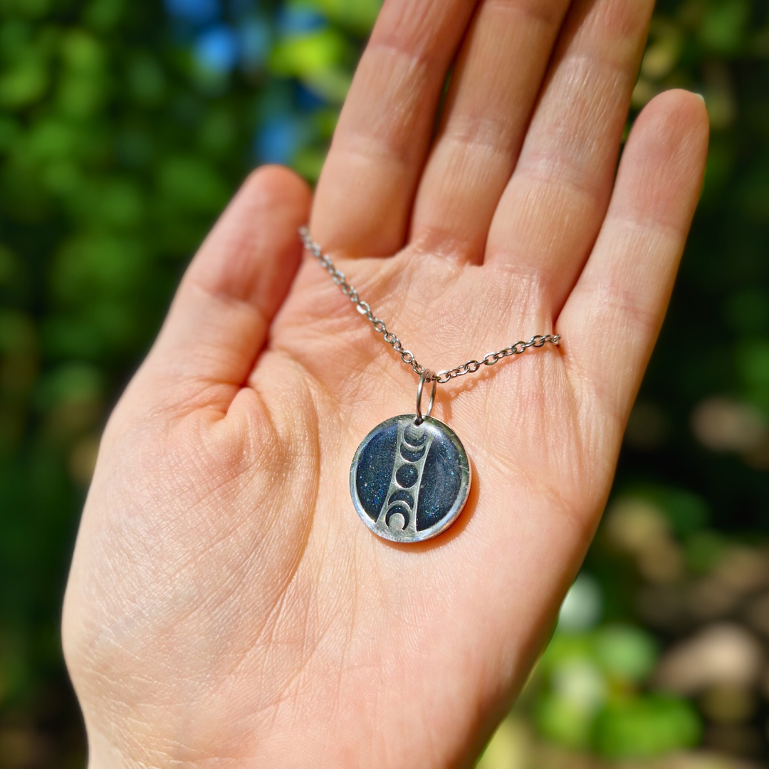 Galaxy Blue and Silver Circle Moon Phase 20" Necklace