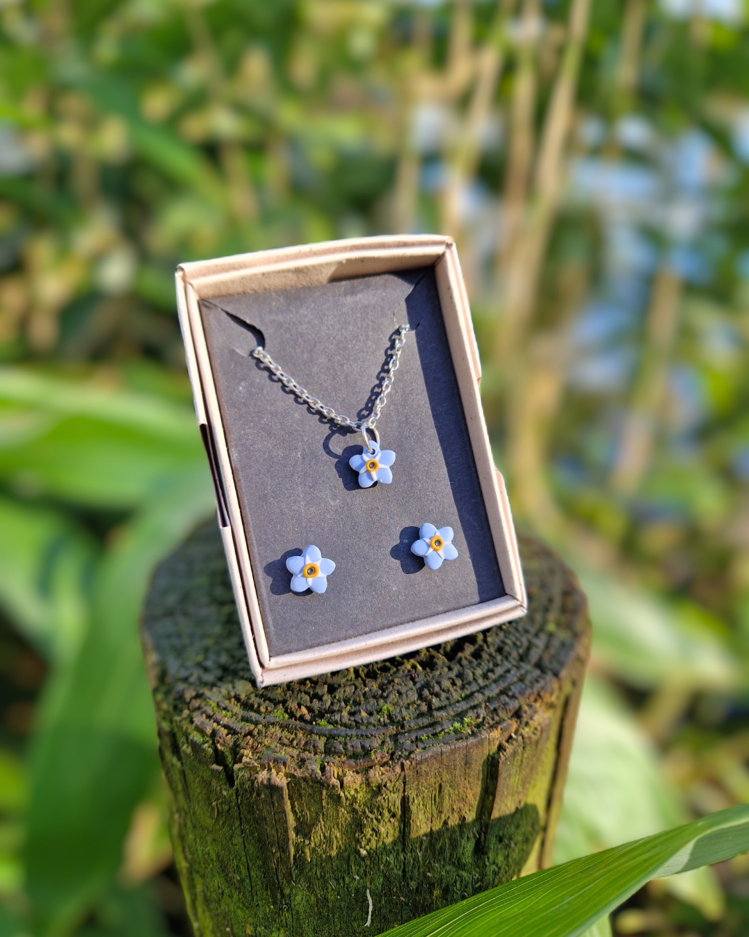 Dainty Polymer Clay Forget-me-not Stud & Necklace Set