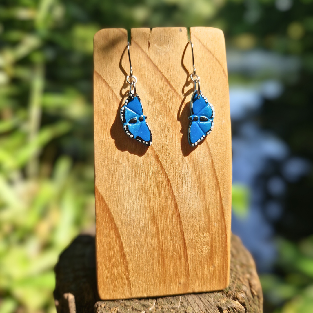 Hand Painted Blue Morpho Butterfly Hook Earrings