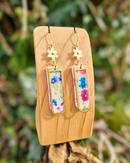 Framed Floral Print Long Arch Hook Earrings