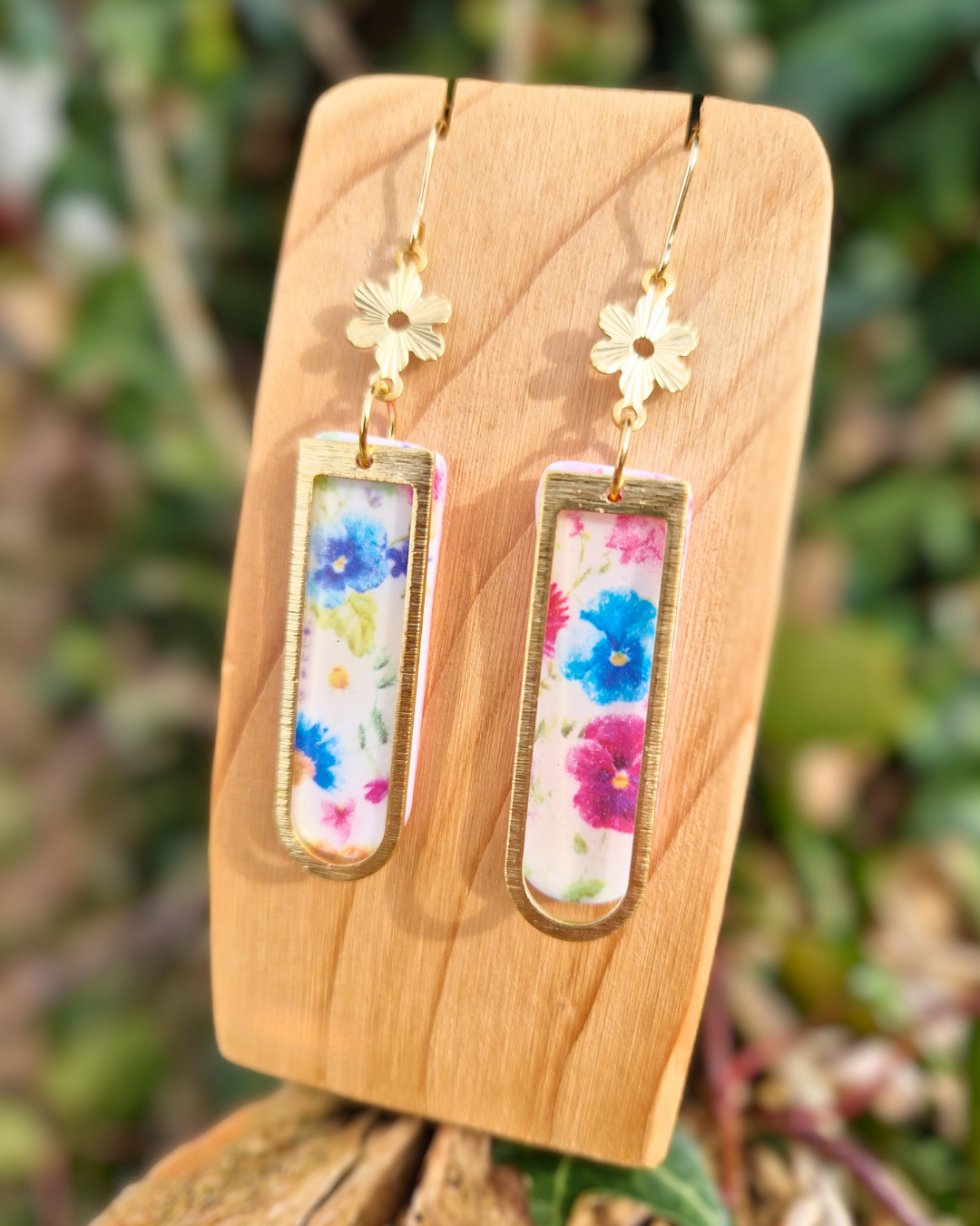 Framed Floral Print Long Arch Hook Earrings