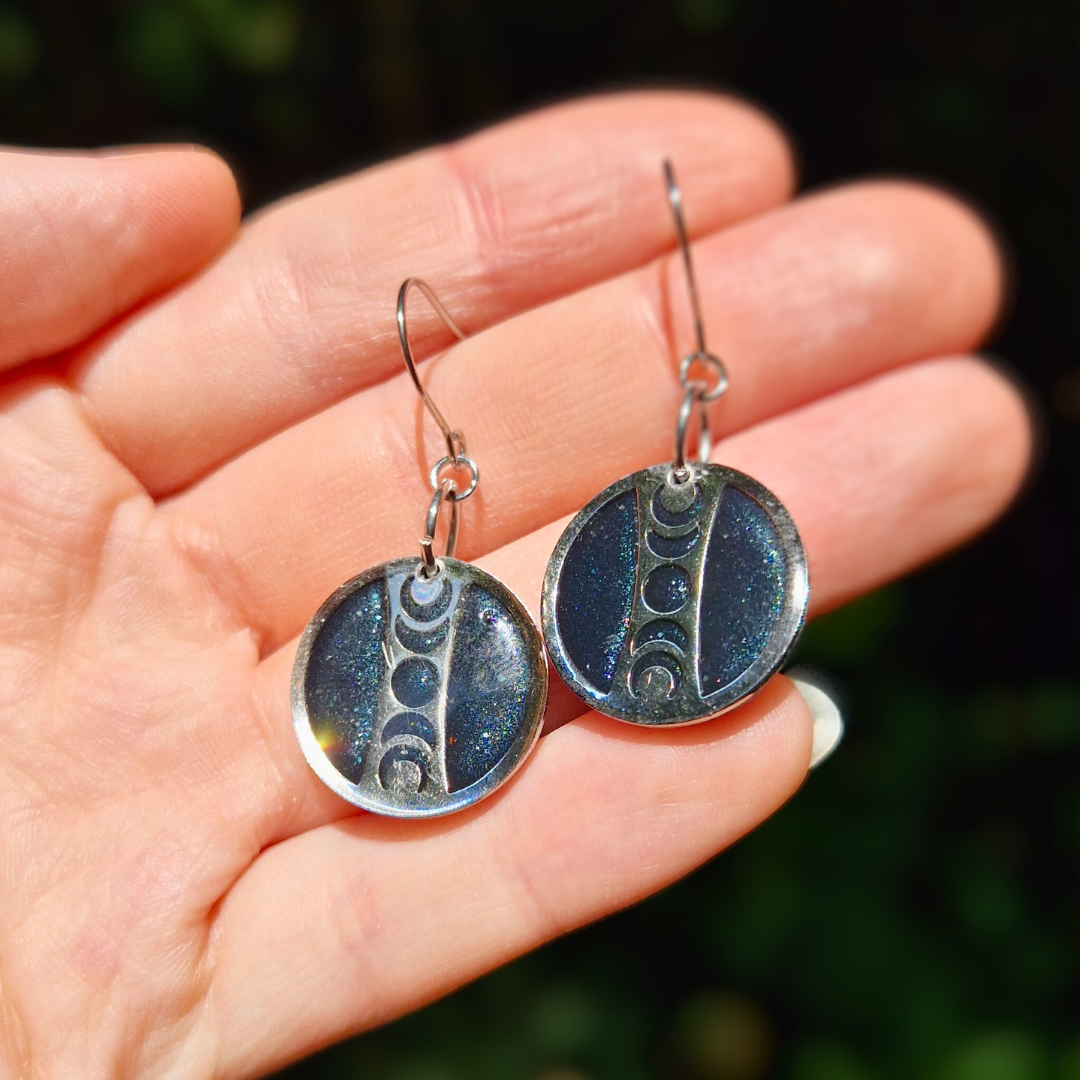 Galaxy Blue and Silver Circle Moon Phase Drop Earrings