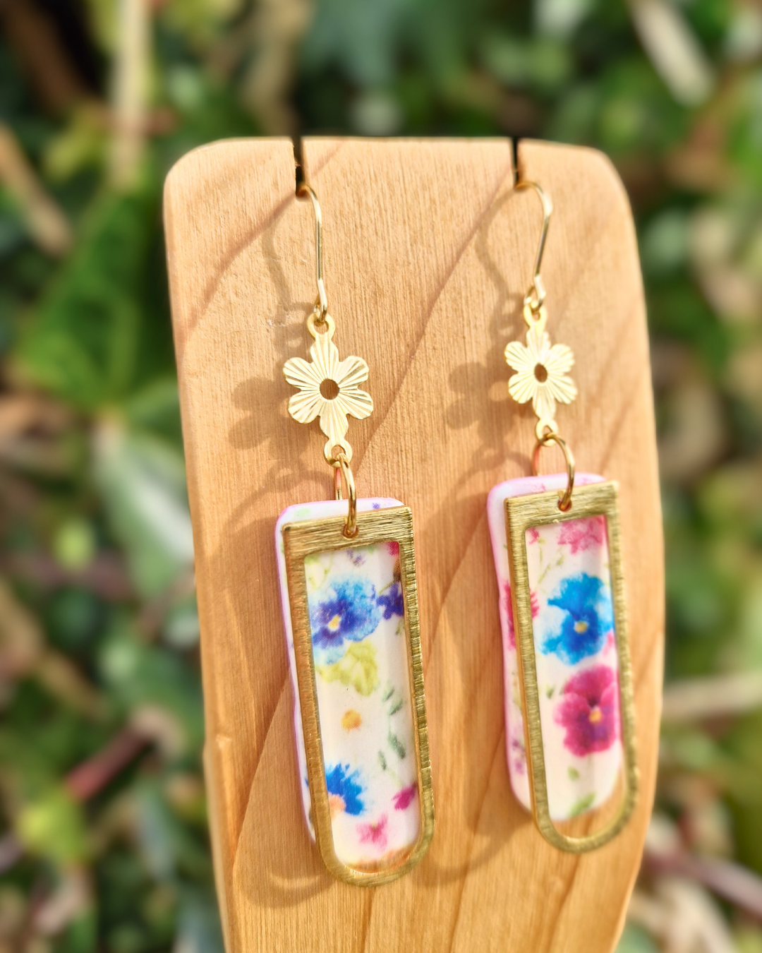 Framed Floral Print Long Arch Hook Earrings