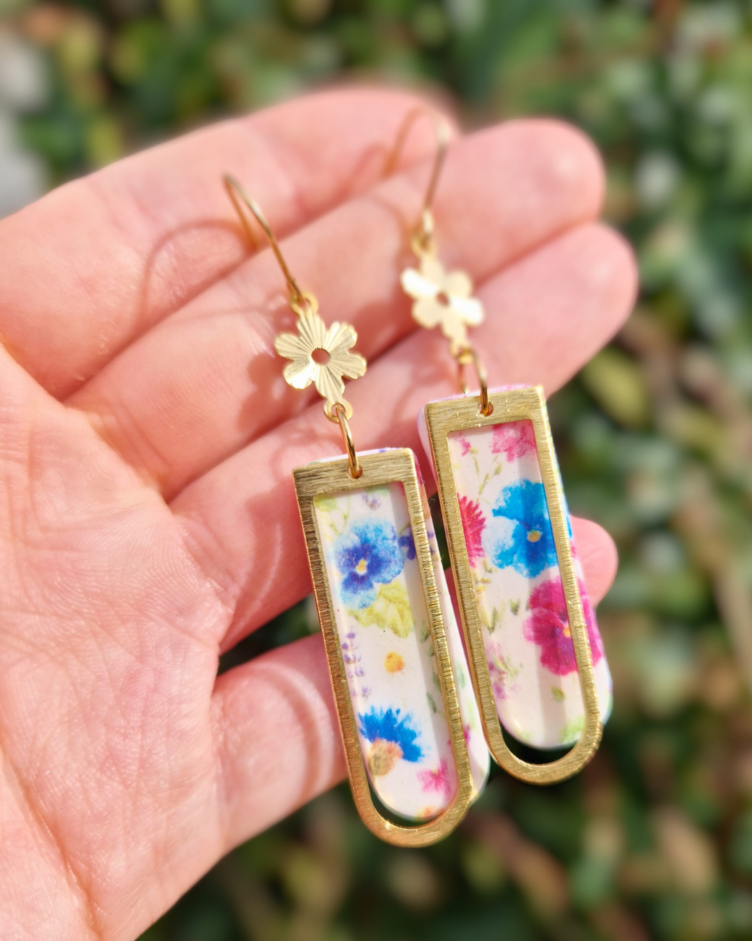 Framed Floral Print Long Arch Hook Earrings