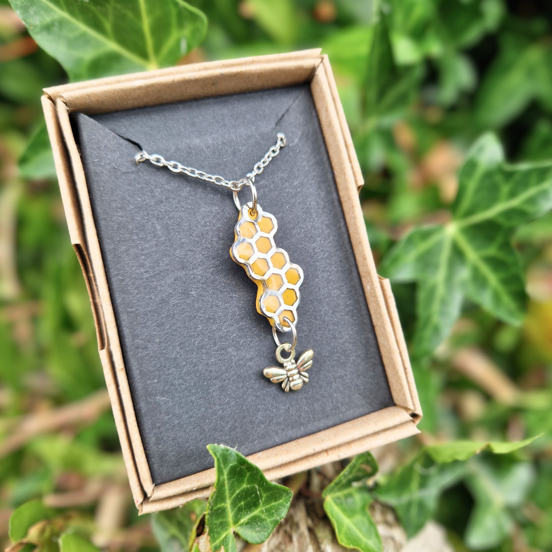 Polymer Clay and Resin Bee and Honeycomb Necklace | 20"