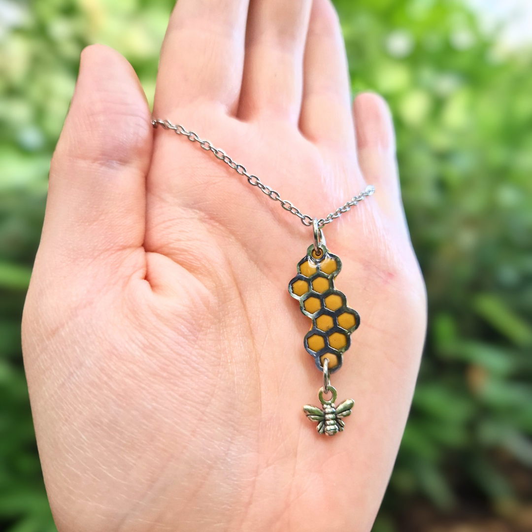 Polymer Clay and Resin Bee and Honeycomb Necklace | 20"