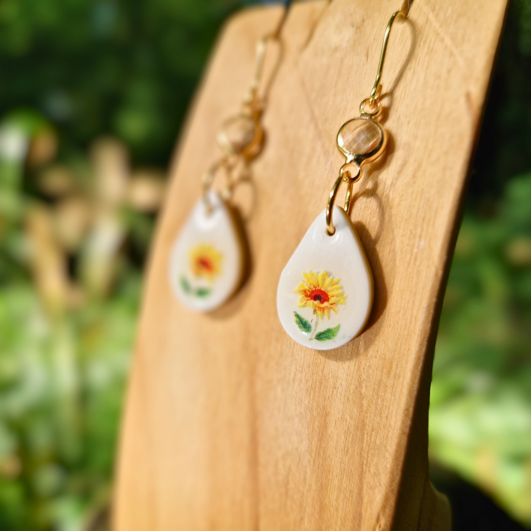 Teardrop Sunflower Hook Earrings with Glass Accent