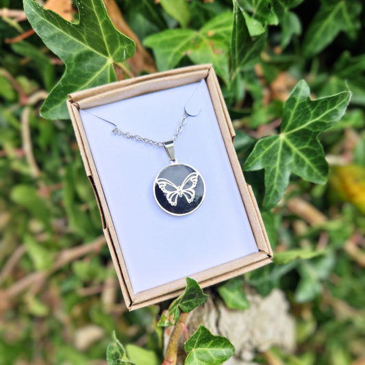 Polymer Clay and Resin Circle Frame Butterfly Necklace | 20"