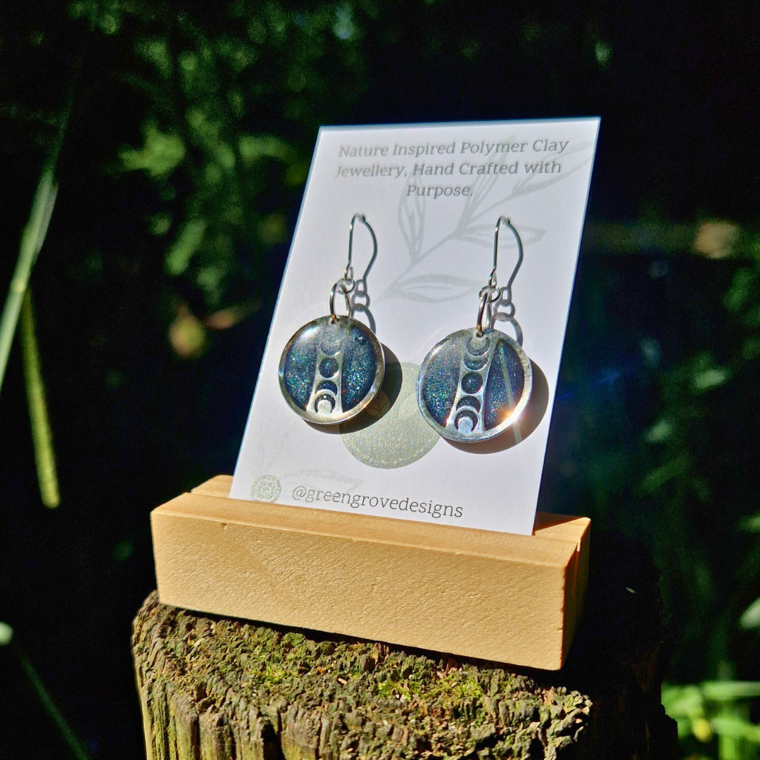 Galaxy Blue and Silver Circle Moon Phase Drop Earrings