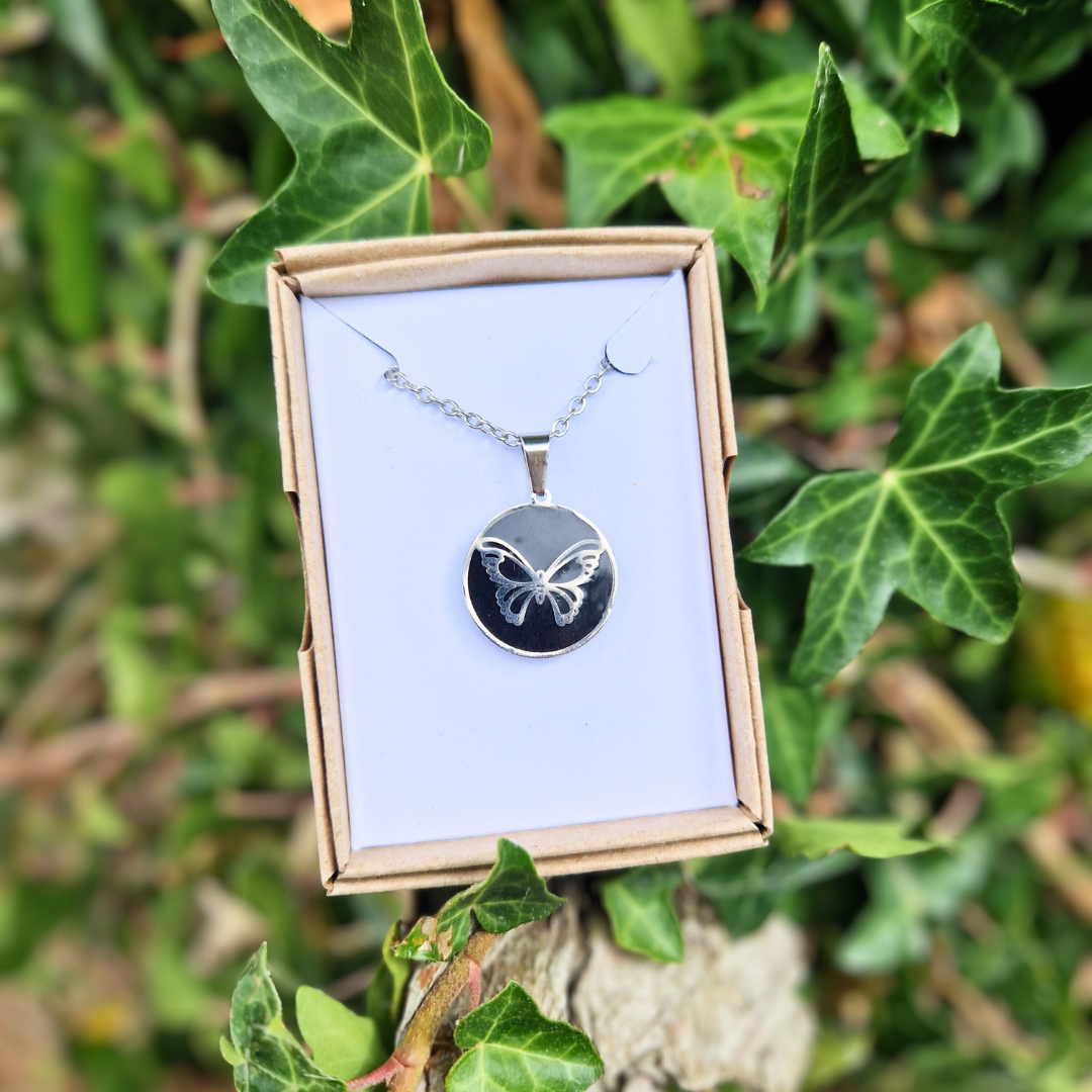 Polymer Clay and Resin Circle Frame Butterfly Necklace | 20"